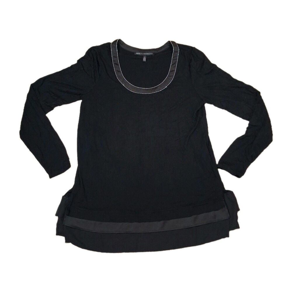 WHITE HOUSE BLACK MARKET WOMENS BLACK LONG SLEEVE KNIT MIXED MEDIA TRIM BLOUSE M